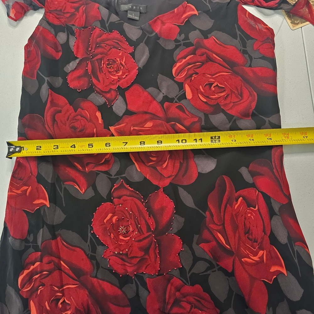 Vintage Lapis Silk Bias Rose Maxi Dress L Black Red Hanky Hem Whimsigoth Y2K NWT - Picture 14 of 16
